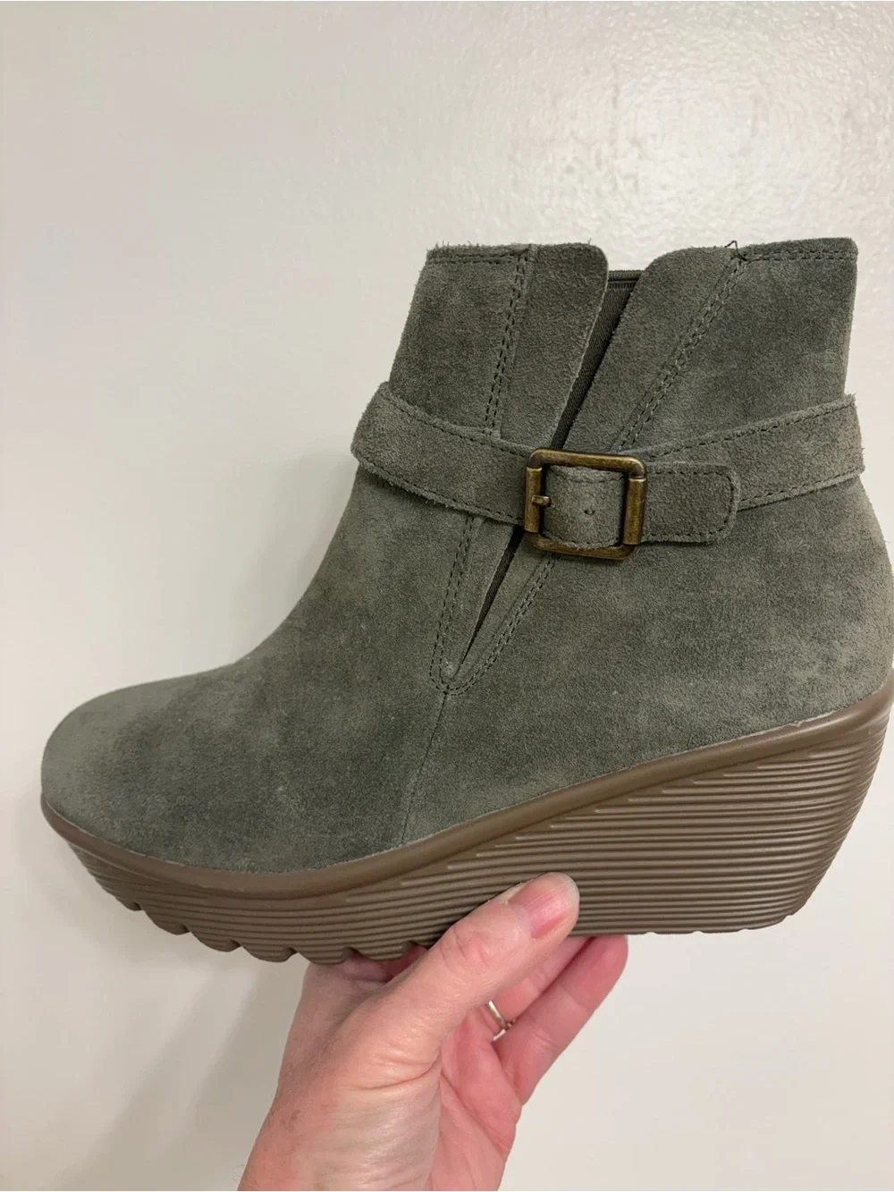 Skechers Olive Green Suede Wedge Ankle Boot with Buckle